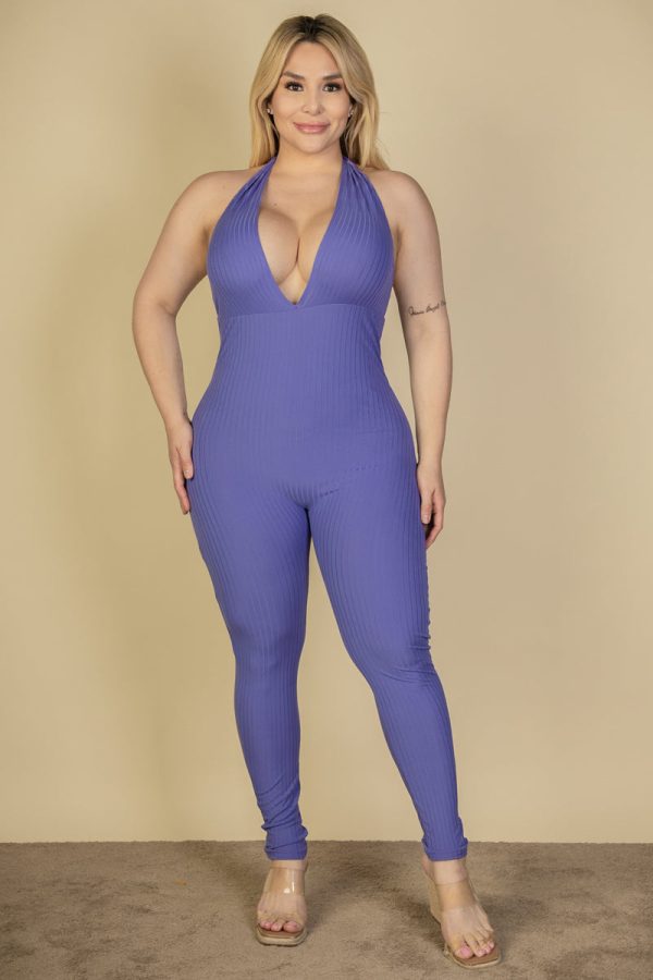 Plus Size Halter V Neck Ribbed Bodycon Jumpsuit (CAPELLA) - Image 10