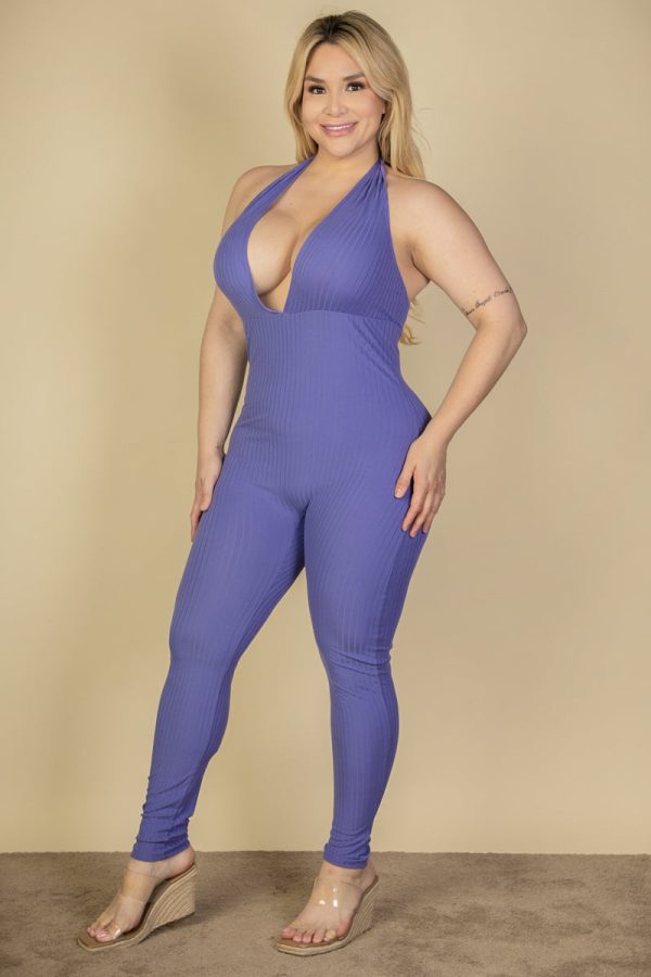 Plus Size Halter V Neck Ribbed Bodycon Jumpsuit (CAPELLA) - Image 2