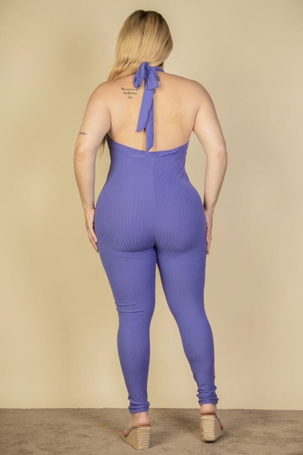 Plus Size Halter V Neck Ribbed Bodycon Jumpsuit (CAPELLA) - Image 3