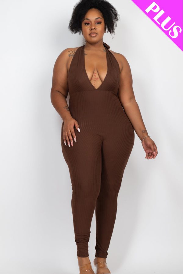 Plus Size Halter V Neck Ribbed Bodycon Jumpsuit (CAPELLA) - Image 14