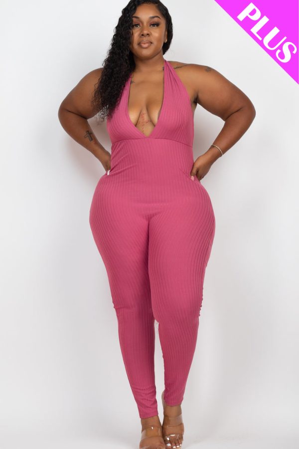 Plus Size Halter V Neck Ribbed Bodycon Jumpsuit (CAPELLA) - Image 15