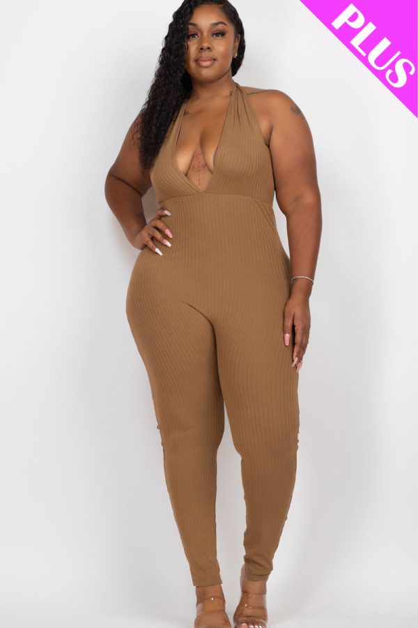 Plus Size Halter V Neck Ribbed Bodycon Jumpsuit (CAPELLA) - Image 19
