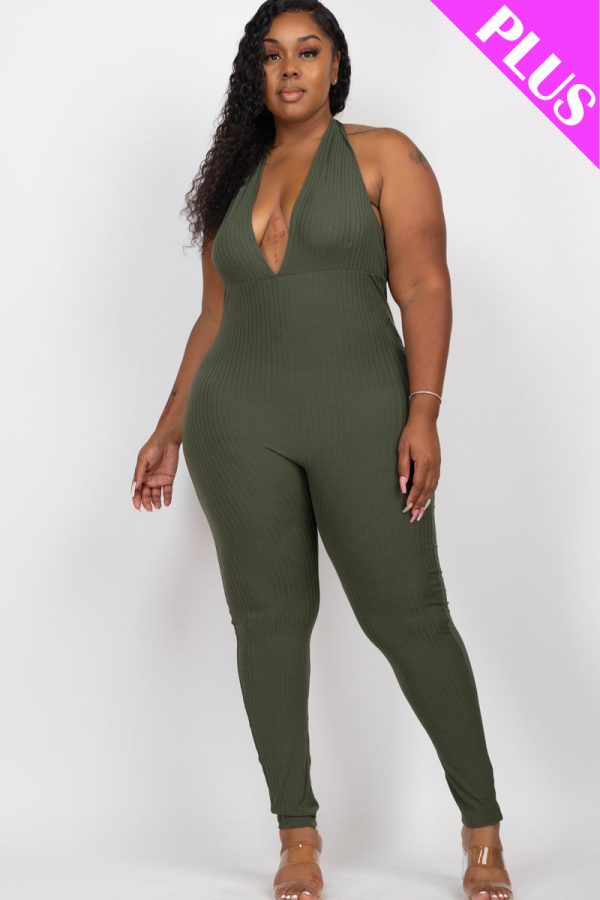 Plus Size Halter V Neck Ribbed Bodycon Jumpsuit (CAPELLA) - Image 23