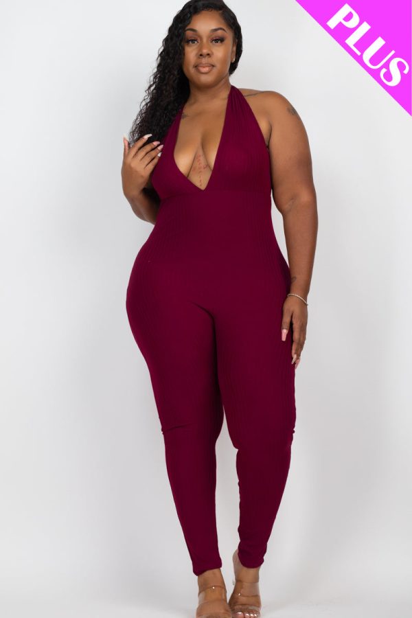 Plus Size Halter V Neck Ribbed Bodycon Jumpsuit (CAPELLA) - Image 7