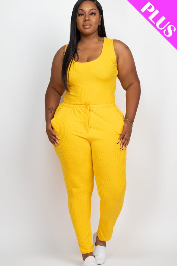 Plus Size Ribbed Sleeveless Drawstring Waist Jumpsuit (CAPELLA) - Image 13