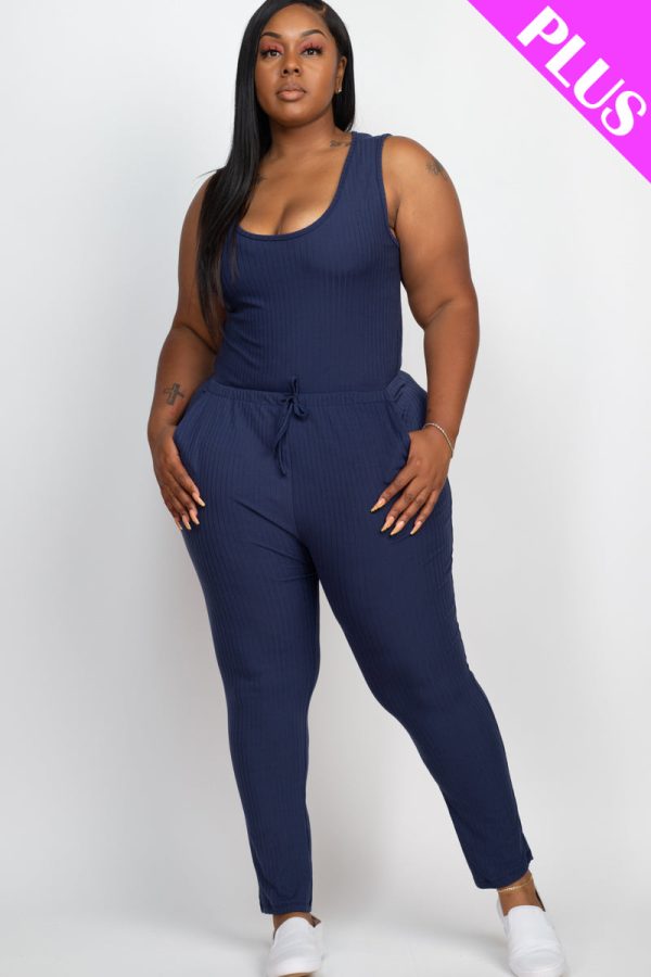 Plus Size Ribbed Sleeveless Drawstring Waist Jumpsuit (CAPELLA) - Image 29
