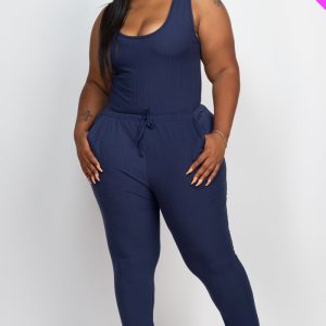Plus Size Ribbed Sleeveless Drawstring Waist Jumpsuit (CAPELLA)