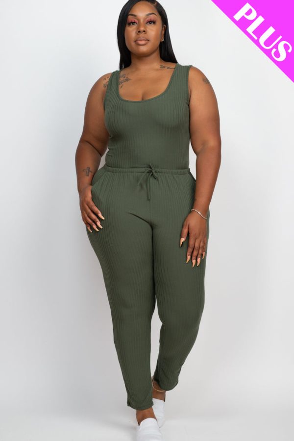 Plus Size Ribbed Sleeveless Drawstring Waist Jumpsuit (CAPELLA) - Image 32