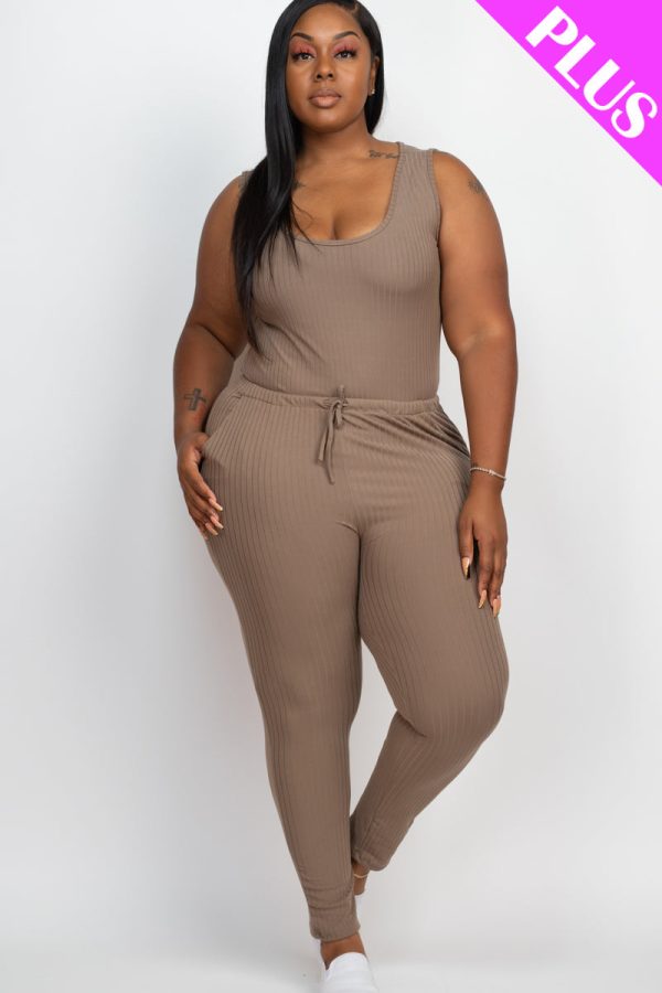 Plus Size Ribbed Sleeveless Drawstring Waist Jumpsuit (CAPELLA) - Image 35