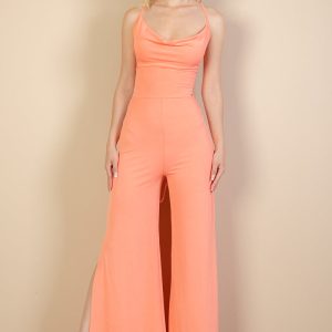 Ribbed Cowl Neck Backless Split Wide Leg Jumpsuit (CAPELLA)