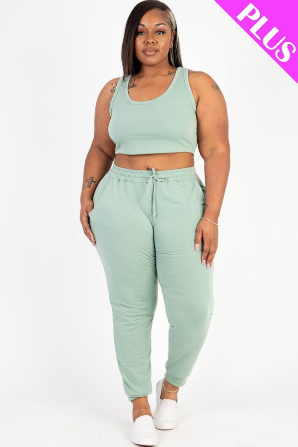 Plus Size Joggers Set with French Terry Cropped Tank Top - Image 16