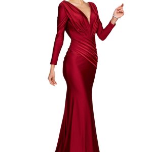 Full‑Length Sleeve Fitted Formal Gown – Stretch Jersey, V‑Neck