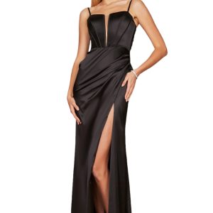Full Length Plunging Neckline Gown – Dramatic Floor‑Sweep