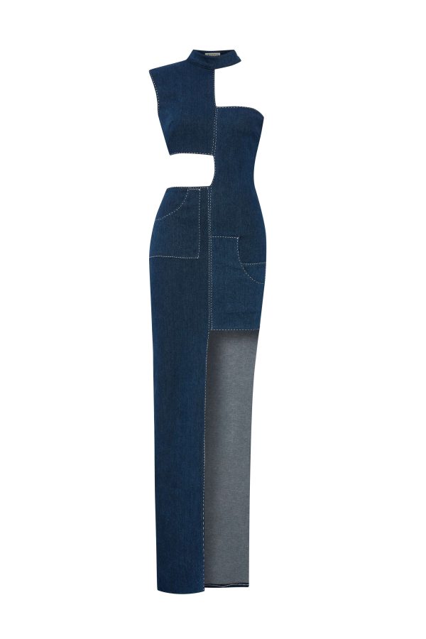 JENDUE Ivy Denim Dress – Asymmetrical Cut‑Out Maxi - Image 6