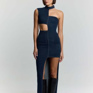 JENDUE Ivy Denim Dress – Asymmetrical Cut‑Out Maxi