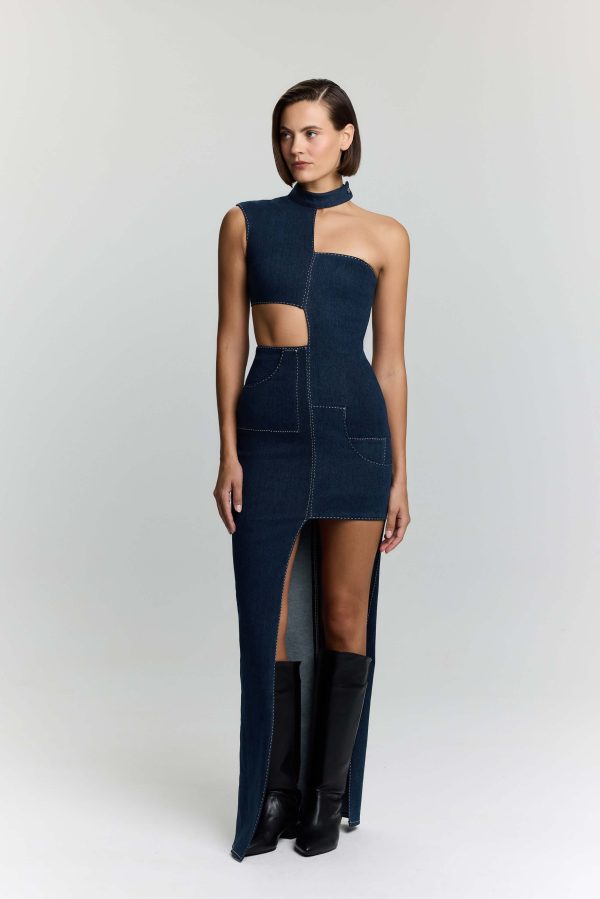 JENDUE Ivy Denim Dress – Asymmetrical Cut‑Out Maxi