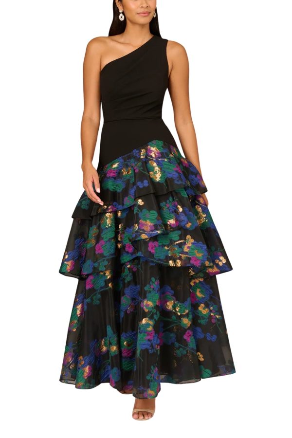 Aidan Mattox Gown – Tiered Floral Jacquard One-Shoulder - Image 11