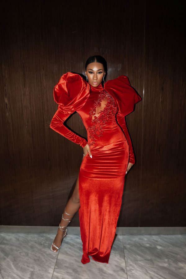 Red Velvet Dress with Puff Shoulders & Zipper Closure