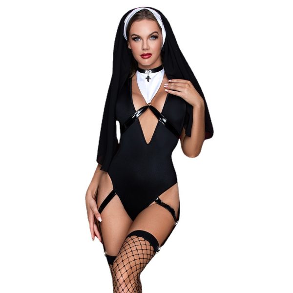 Wholesale Sexy Black Nun Costume Bodysuit - Image 5