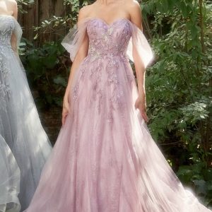 Off the Shoulder Lace Gown with Bead‑Embellished A‑Line Skirt