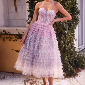 Strapless Tea Length Gown – Beaded Bodice & Ombre Tulle