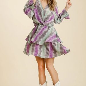Umgee Tie Dye Ruffled Layered Dress with Elastic Waistband