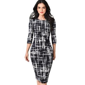 Autumn Elegant Printed Patchwork Dresses Business Bodycon Fitted Women Office Dress