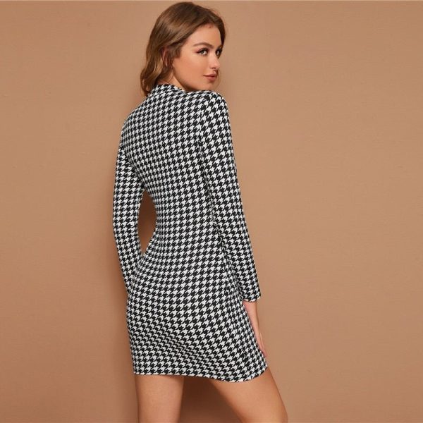 Elegant Pencil Fitted Dresses Black and White Mock Neck Houndstooth Print Bodycon Dress Women Long Sleeve - Image 4