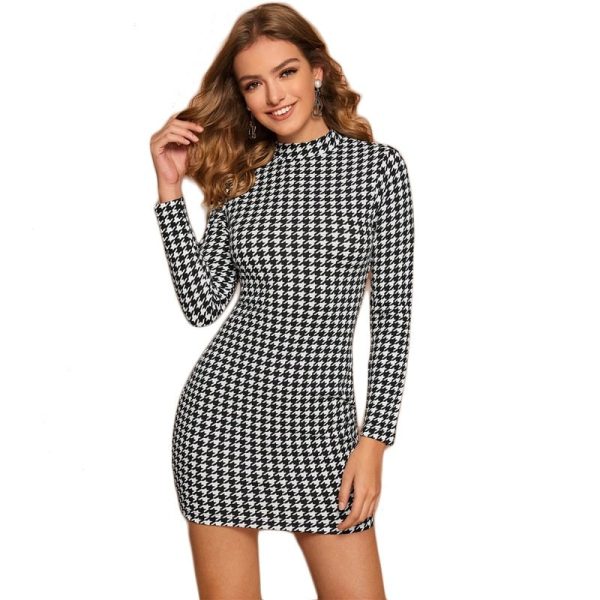 Elegant Pencil Fitted Dresses Black and White Mock Neck Houndstooth Print Bodycon Dress Women Long Sleeve - Image 3