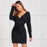 High Waist Black V‑Neck Pearl Beaded Belt Dress