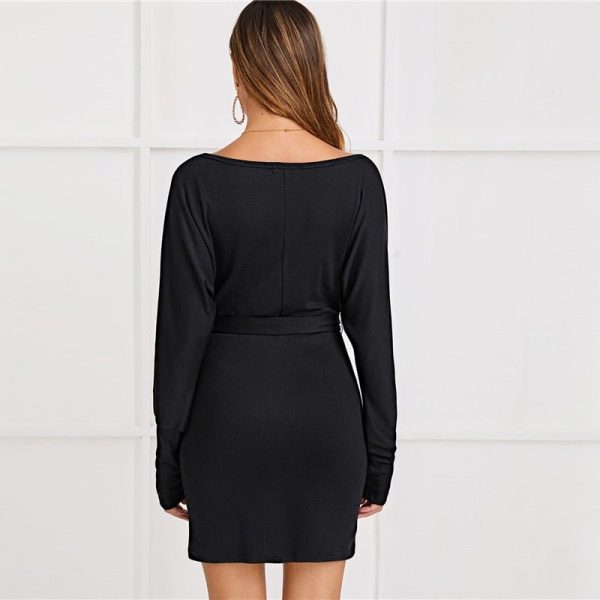 High Waist Black V‑Neck Pearl Beaded Belt Dress - Image 3