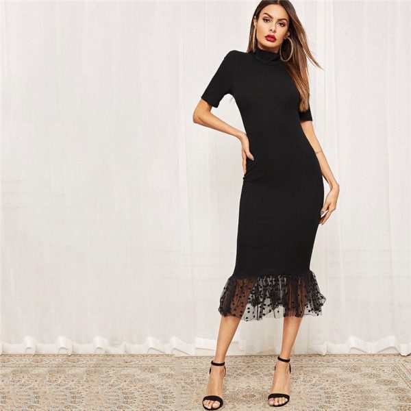 Form Fitting Dress – Black Mesh Hem Mermaid Midi for Parties - Image 3