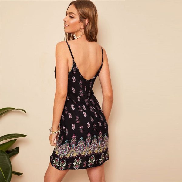Black Sexy Tribal Print Dress – Backless V‑Neck Mini - Image 2