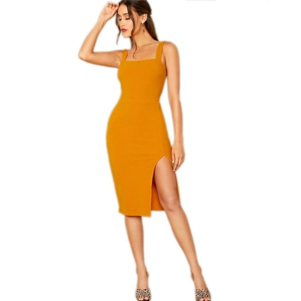 Bright Yellow Solid Split Hem Strap Dress Night Out Bodycon - Image 5