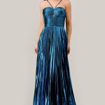 Metallic Pleated A‑Line Dress – Halter Cutout Glam