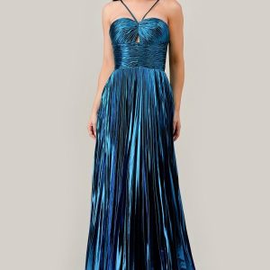 Halter Pleated Lame' Metallic A-Line Gown