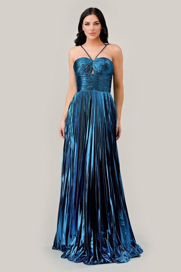 Metallic Pleated A‑Line Dress – Halter Cutout Glam