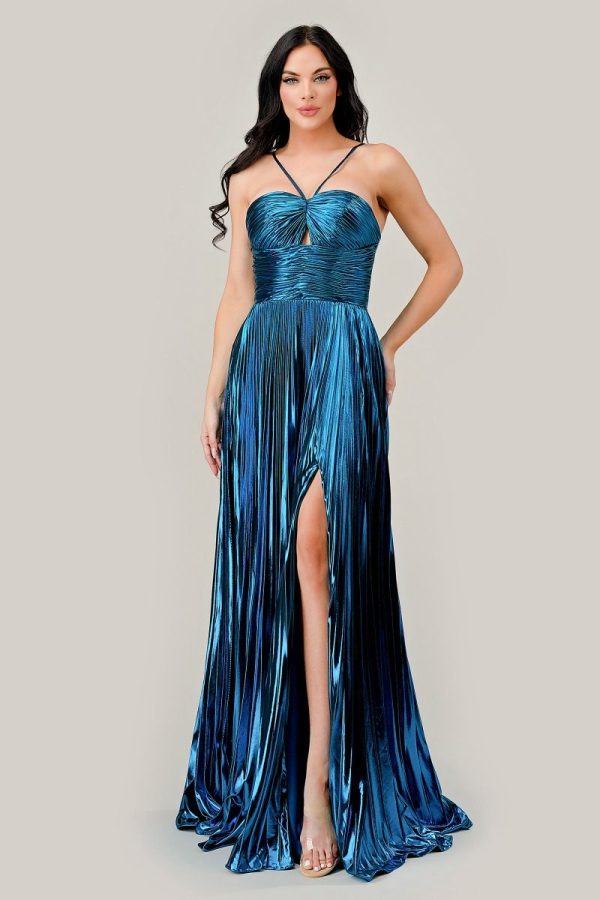 Metallic Pleated A‑Line Dress – Halter Cutout Glam - Image 5