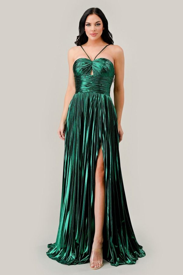 Metallic Pleated A‑Line Dress – Halter Cutout Glam - Image 4