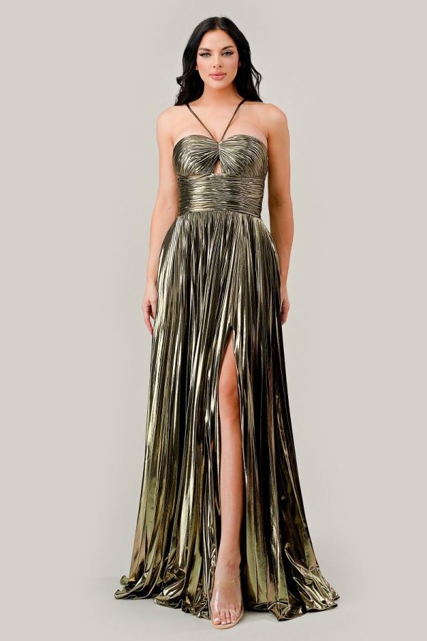 Metallic Pleated A‑Line Dress – Halter Cutout Glam - Image 3