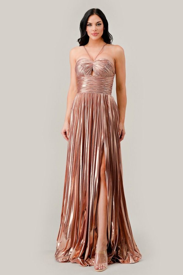Metallic Pleated A‑Line Dress – Halter Cutout Glam - Image 2