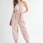 MABLE Washed Fabric Spaghetti Strap Waist Belted Jumpsuit