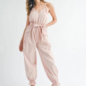 MABLE Washed Fabric Spaghetti Strap Waist Belted Jumpsuit