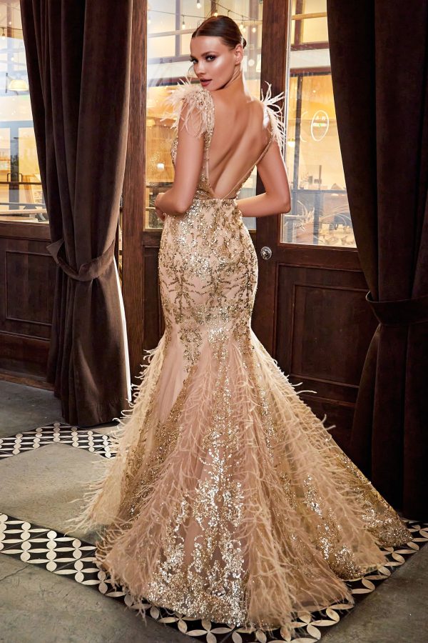 Mermaid Silhouette Dress Feather Straps Glittered Lace - Image 5