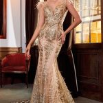 Mermaid Silhouette Dress Feather Straps Glittered Lace