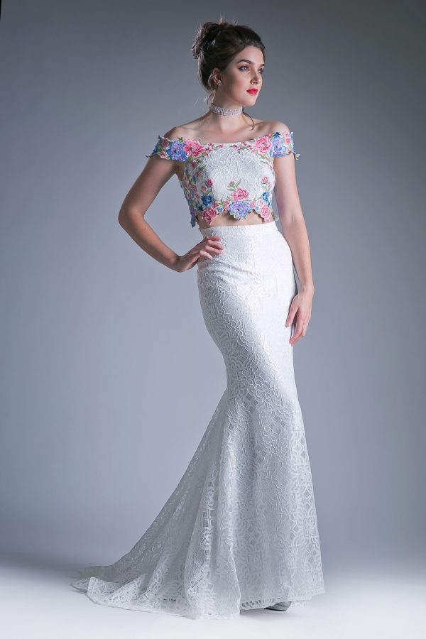 Off The Shoulder Fitted Dress – Embroidered Florals & Skirt - Image 4