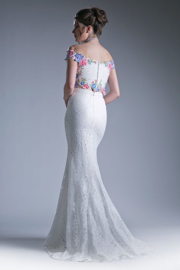 Off The Shoulder Fitted Dress – Embroidered Florals & Skirt - Image 2