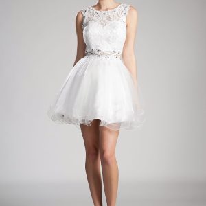 A‑line short dress with lace neckline & beaded layers