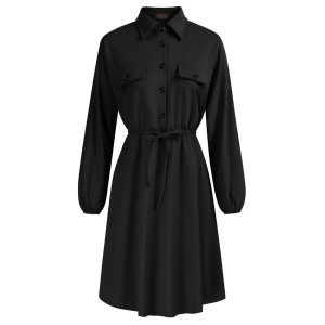 Drawstring Waist Dress Long Sleeve Lapel Collar Ankle Length