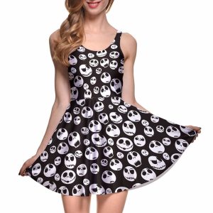 Drop Ship Fashion Women Digital Printing JACK SKELLINGTON REVERSIBLE SKATER DRESS Vestidos Roupas Femininas Saias